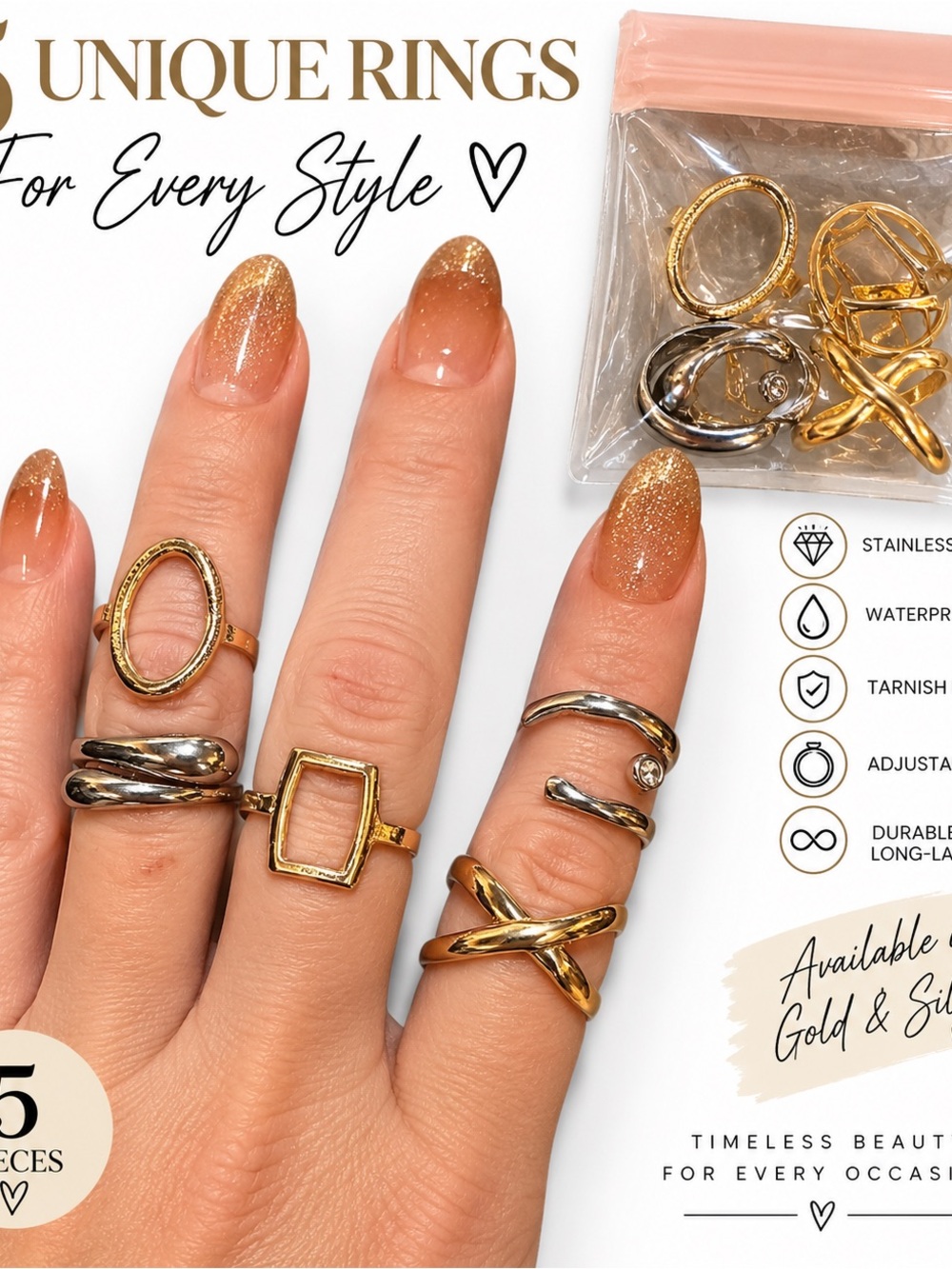 Gold & Silver Mixed Metal Stackable Rings - Women Jewelry